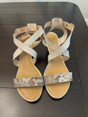 Coach and Four Beige Crisscross Wedge Sandals with Snake-Print Toe Strap